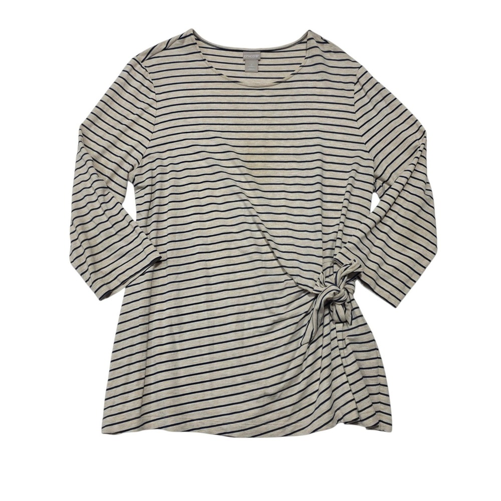 Chico's Striped Side Tie Tunic Top Womens Large Tan Rayon Spandex 3/4 Sleeve